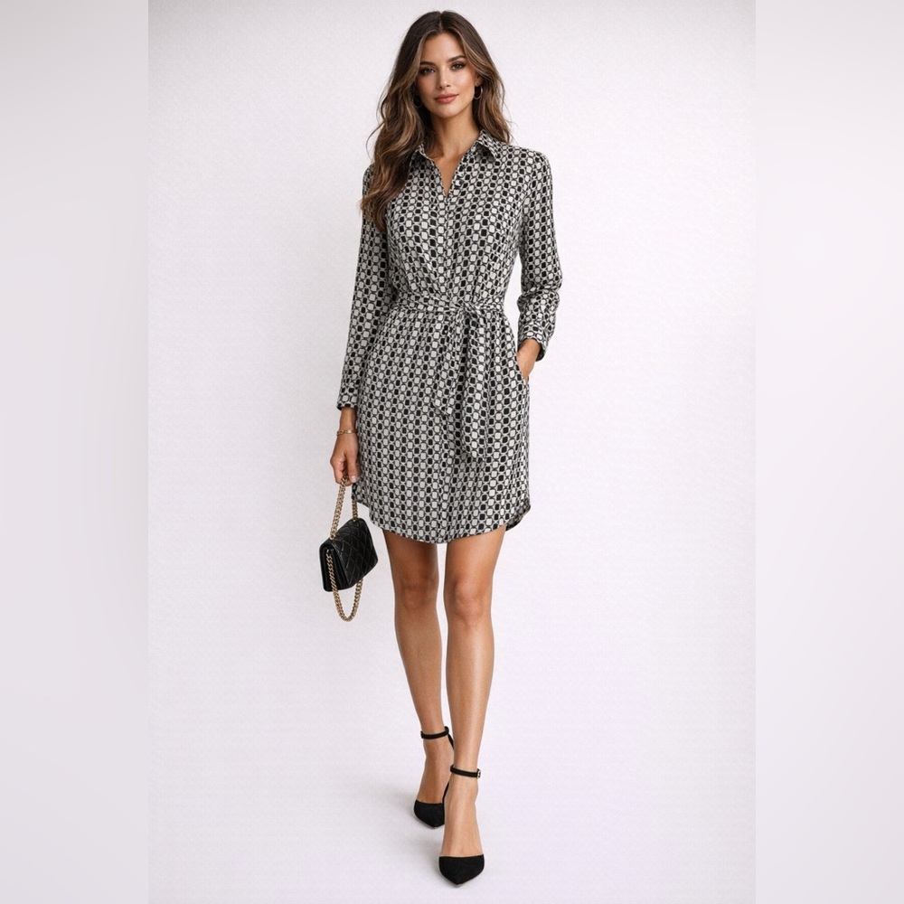 J. McLaughlin SILK Shirt Dress Black Ivory Long Sleeve Belted